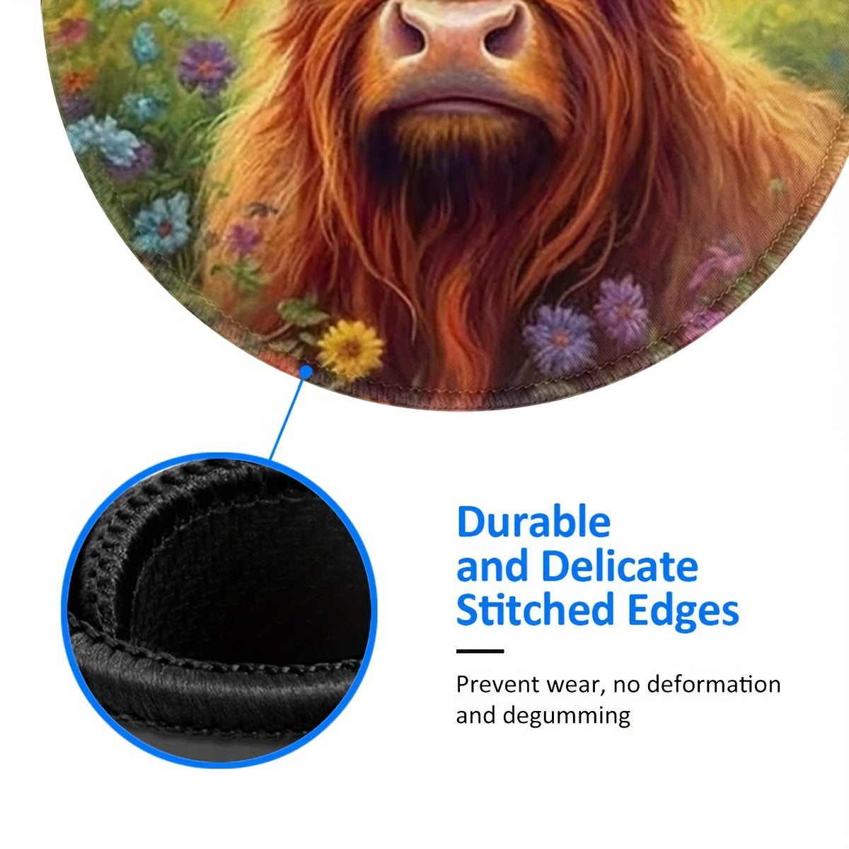 Highland Cow Pattern Mouse Pad Round Mouse Mat Non Slip Rubber Base Mousepad