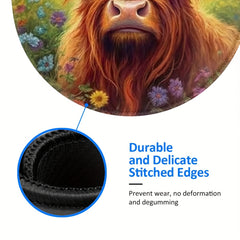 Highland Cow Pattern Mouse Pad Round Mouse Mat Non Slip Rubber Base Mousepad