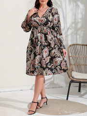 Plus Size Boho Paisley Print Lantern Sleeve Midi Dress