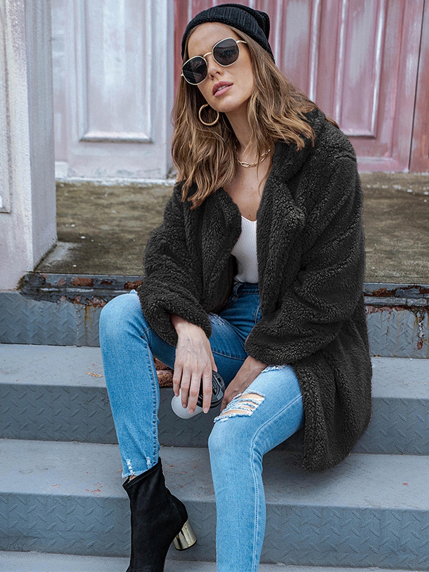 Women's Plush Cardigan Sweater Tops Loose Long Sleeve Outwear Coat