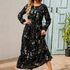 Floral Print Crew Neck Dress Long Sleeve Spring & Fall Women's Clothing