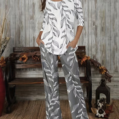Women's Plus Leaf Print Top & Pants Set