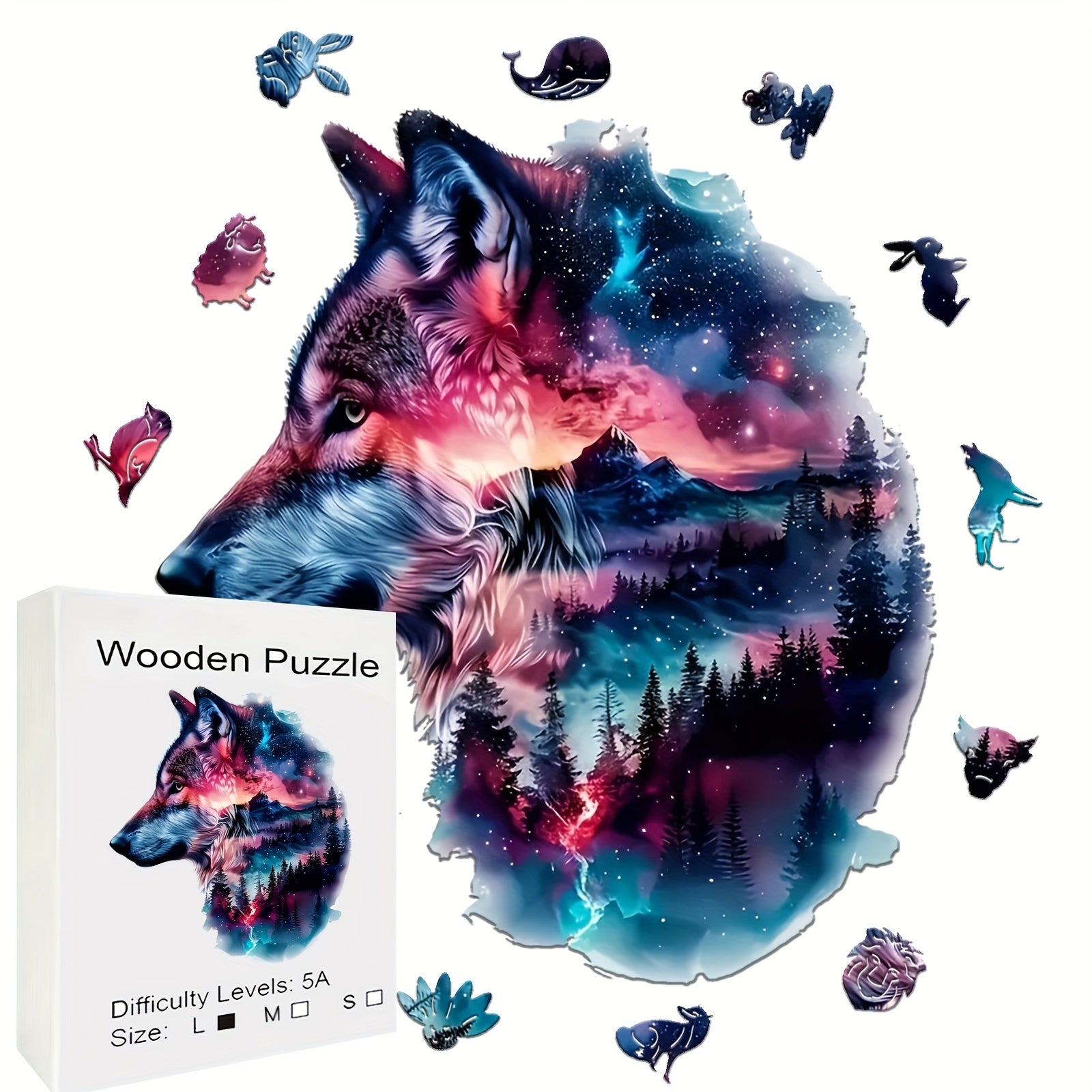 Starry Night Wolf Jigsaw Puzzle with Animal Shapes