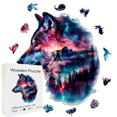 Starry Night Wolf Jigsaw Puzzle with Animal Shapes