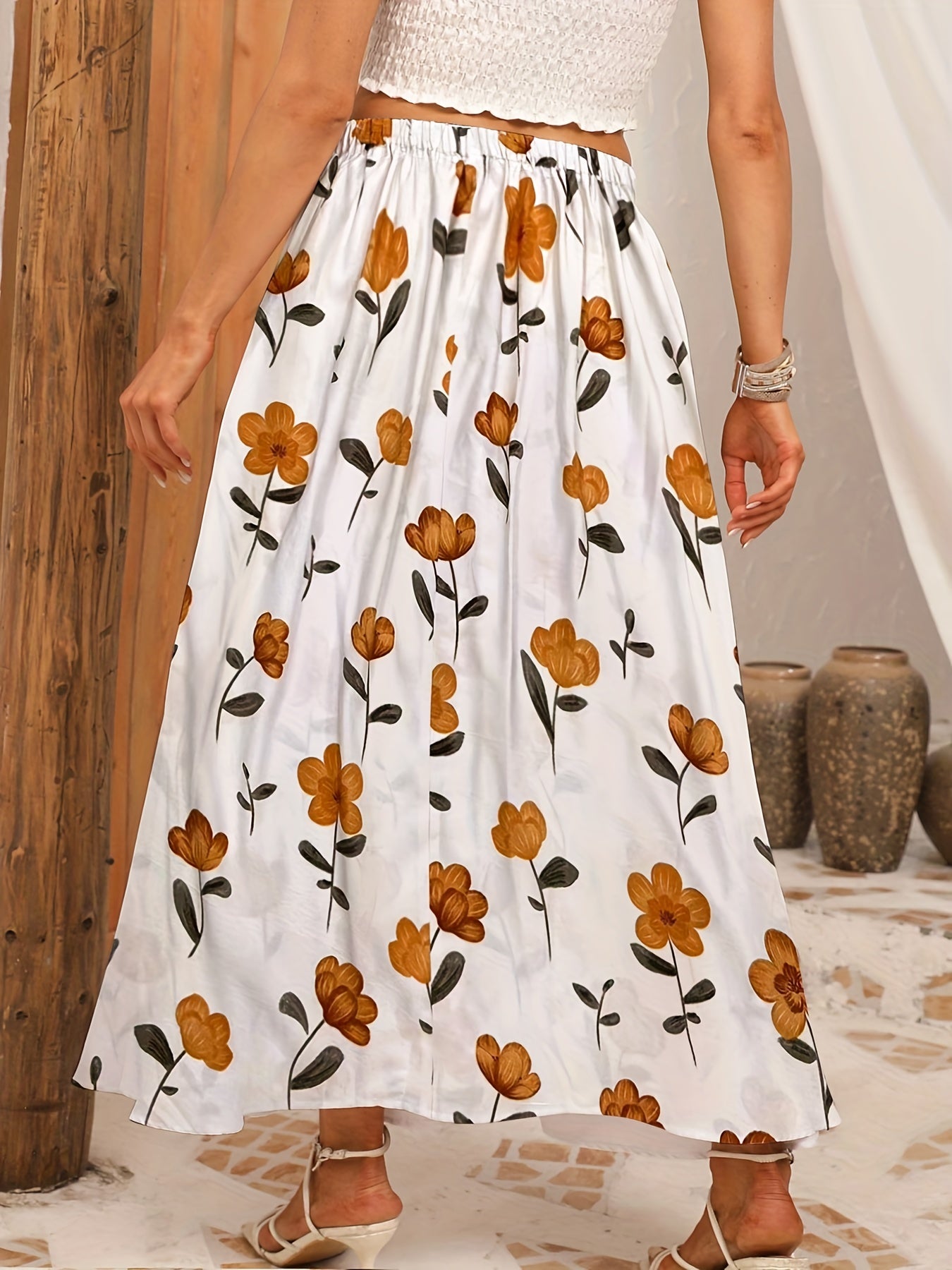 Floral Print Elastic Waist A-line Maxi Skirt