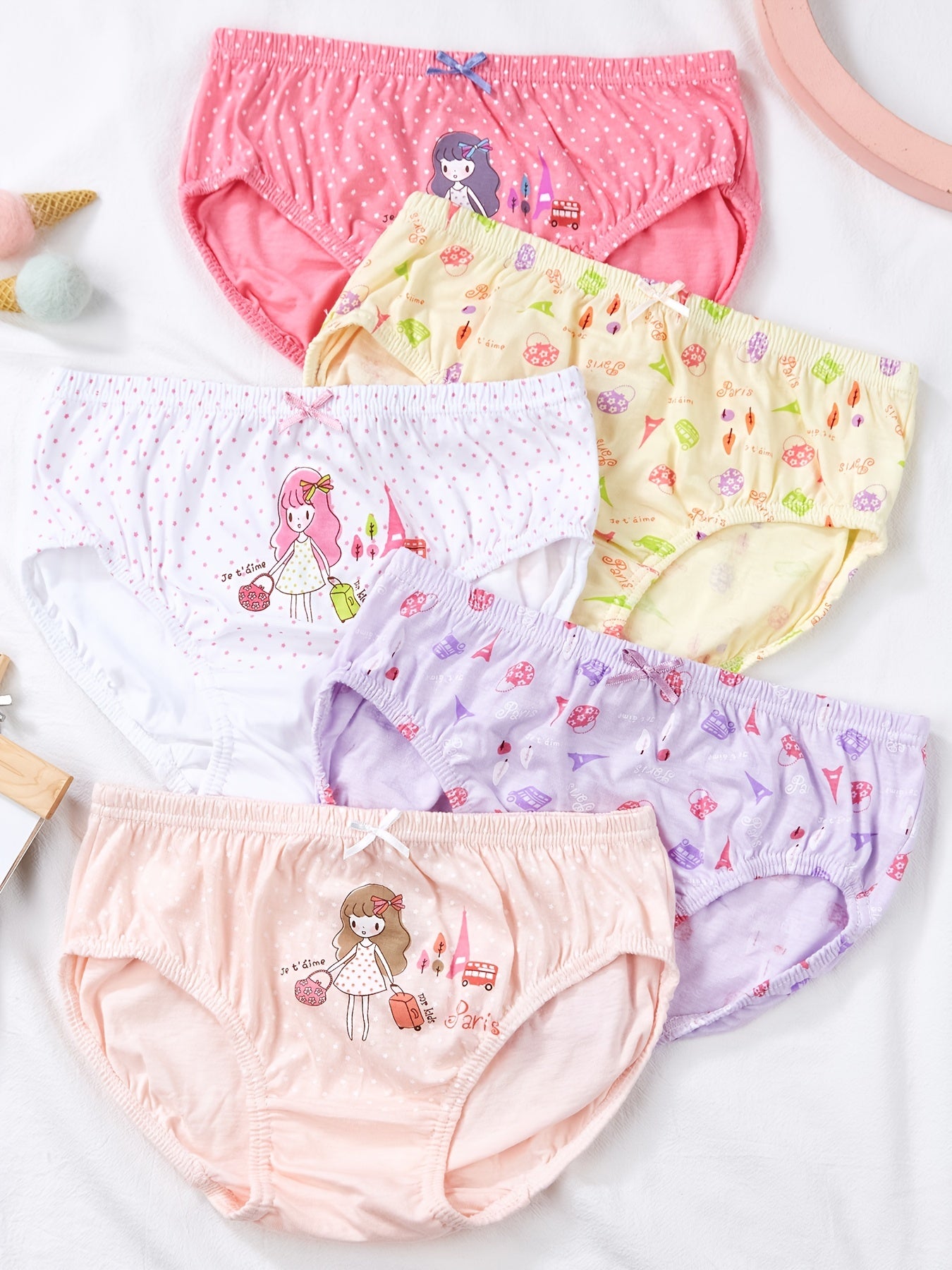 5pcs Girls Cartoon Travel Graphic Shortie Brief Underwear Set