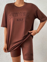 Letter Textured Two-piece Set Casual Half Sleeve T-shirt & Skinny Shorts