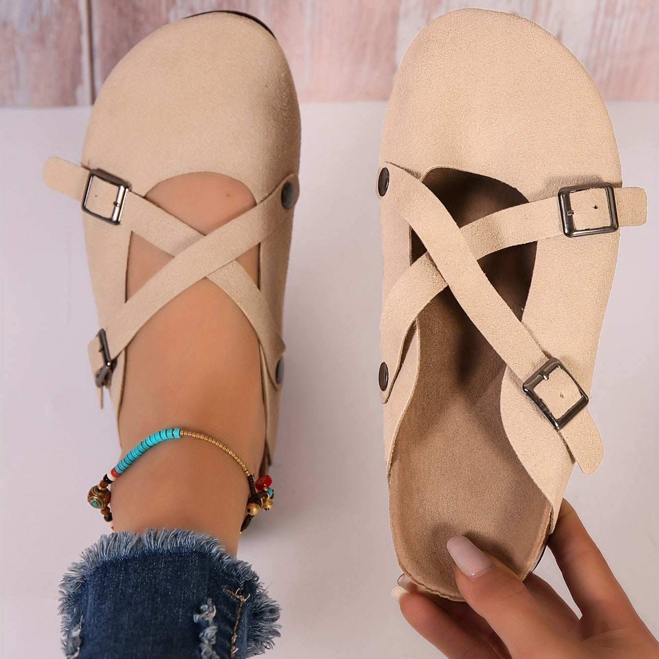 Women's Cross Buckle Strap Mules Casual Slip On Flat Shoes