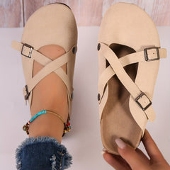 Women's Cross Buckle Strap Mules Casual Slip On Flat Shoes
