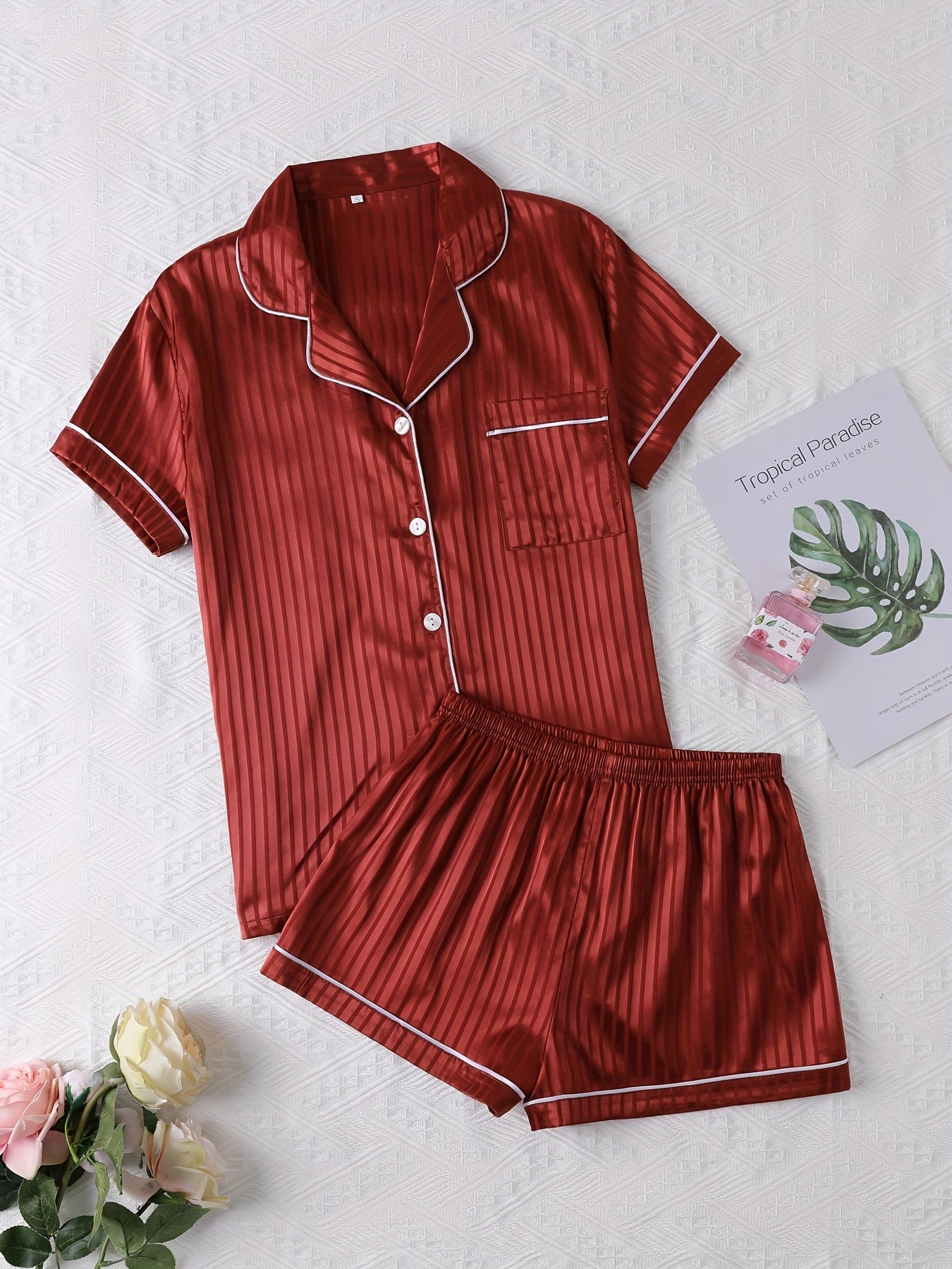 Striped Satin Pajamas Set Short Sleeve Buttons Top & Shorts