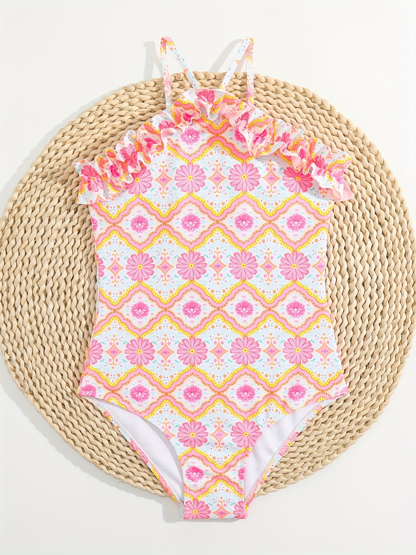 Geometric Floral Print Ruffle Girls Swimsuit Halter Neck