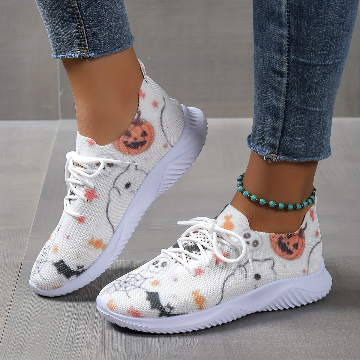 Halloween Pumpkin & Spider Web Print Running Shoes