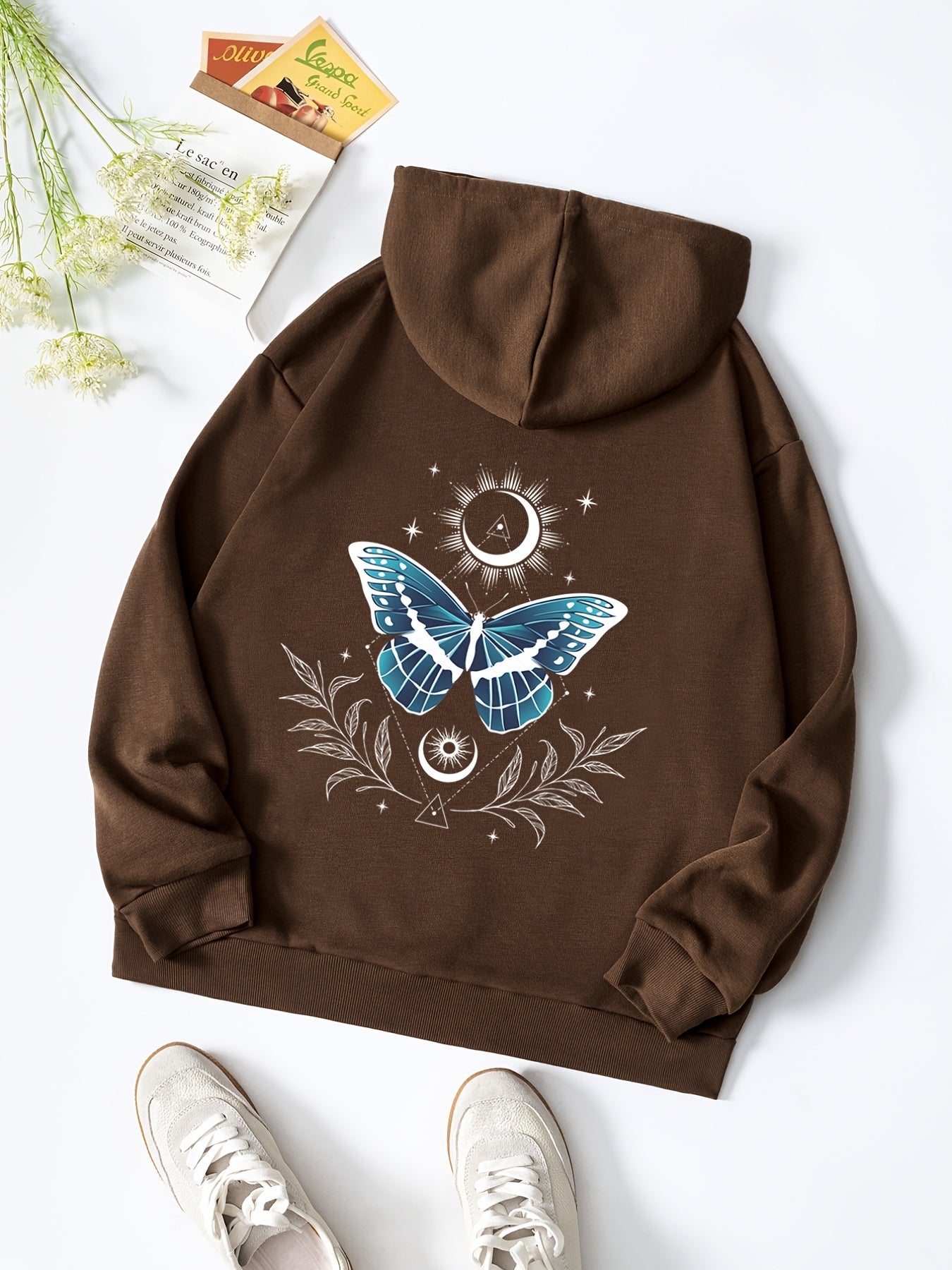 Sun & Moon & Flower Print Hooded Shirt
