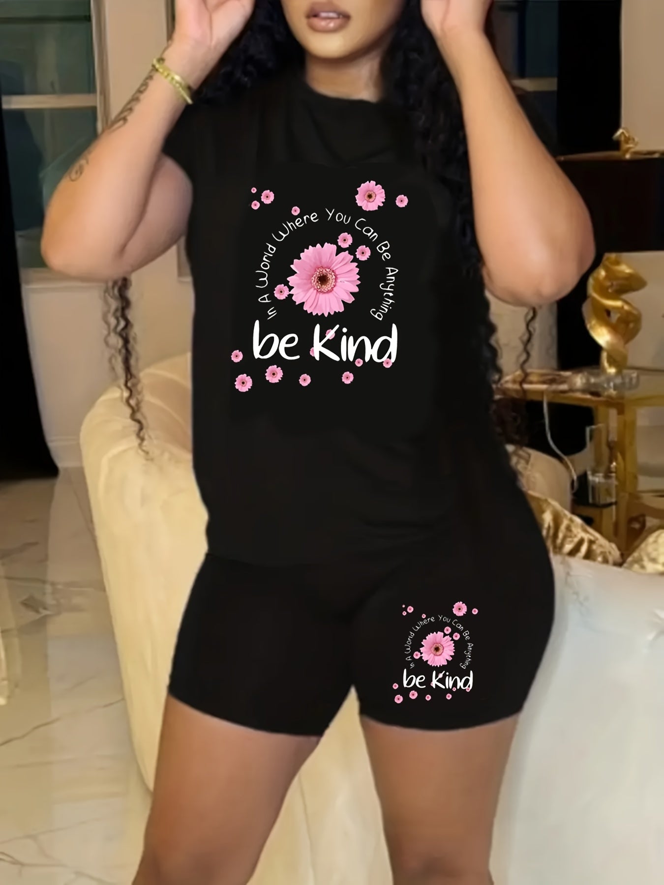 Plus Floral & Slogan Print Short Sleeve Crop Top & Shorts Set