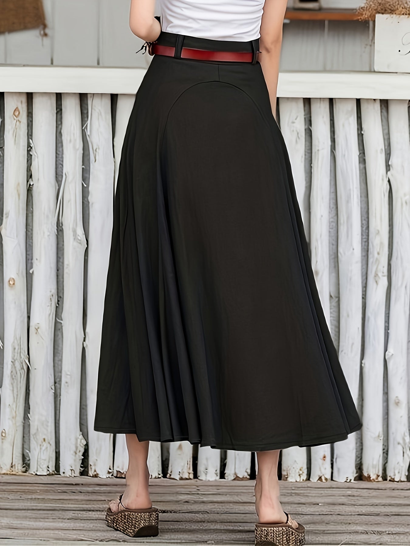 Solid Stitching High Rise Swing Maxi Skirt