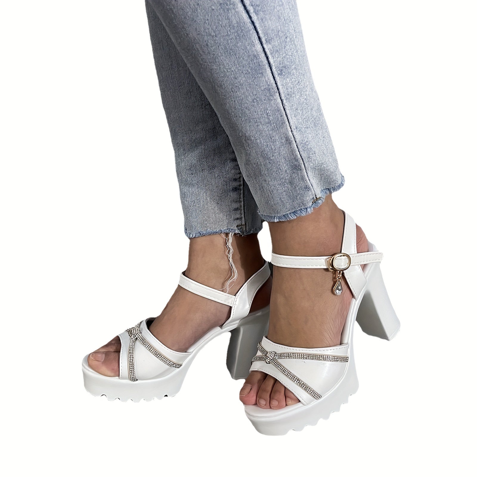 Rhinestone Block Heel Platform Pumps Slingback Buckle Strap
