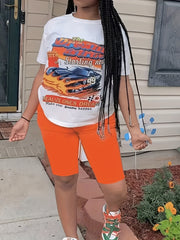 Women's Plus Car & Letter Print Tee & Shorts 2pcs Set