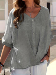 Casual Blouse Women's Plus Solid Half Sleeve V Neck Button Decor Wrap