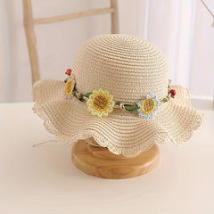 Girls' Beach Princess Straw Sun Hat with Flowers and Bag