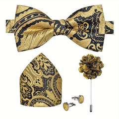 DiBanGu Silk Bow Tie Set with Pocket Square, Lapel Pin & Cufflinks