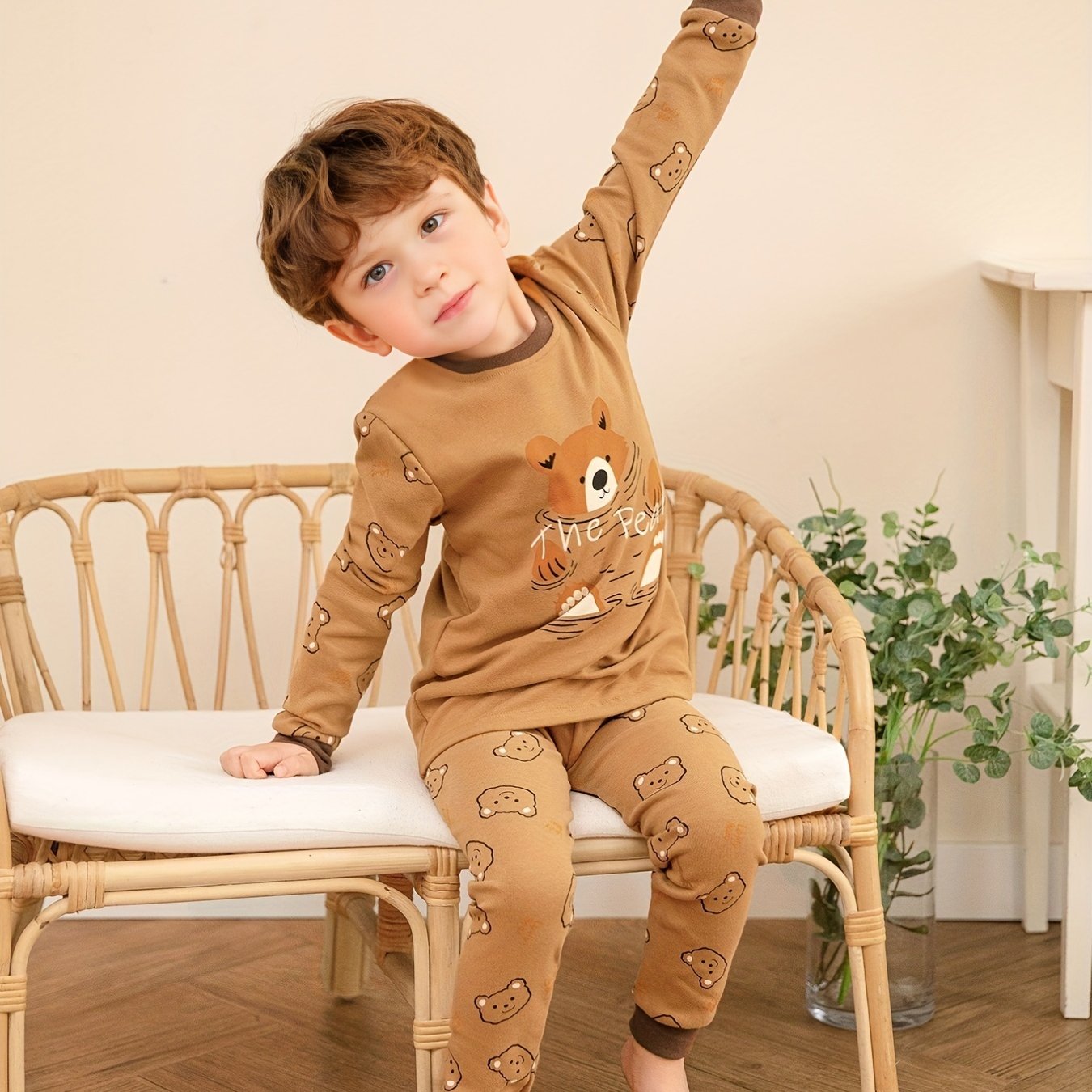 Boys Bear Print Long Sleeve Top & Trousers Cotton Pajamas Set