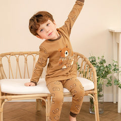 Boys Bear Print Long Sleeve Top & Trousers Cotton Pajamas Set