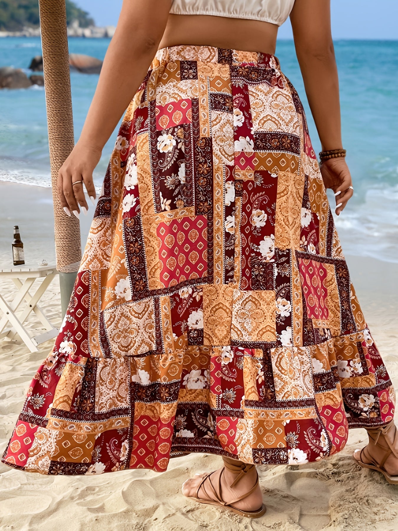 Patchwork Print Maxi Skirt with Ruffle Trim