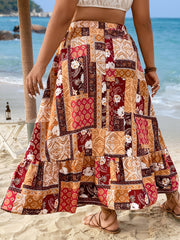 Patchwork Print Maxi Skirt with Ruffle Trim