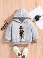 Bear And Skateboard Print Baby Boys Hooded Sweatshirt