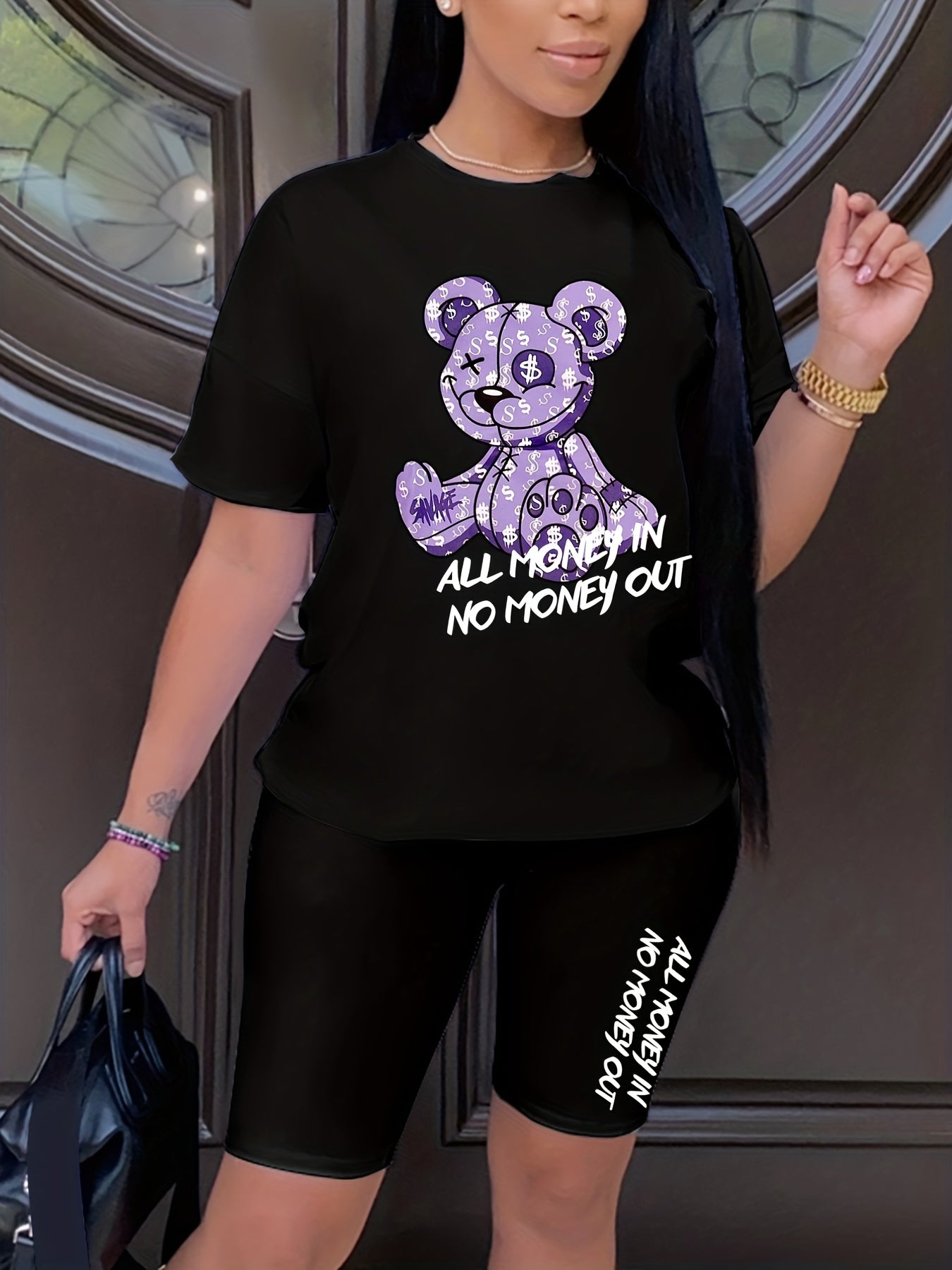 Bear & Letter Print Matching Two piece Set Short Sleeve T shirt & Skinny Shorts