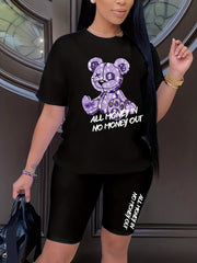 Bear & Letter Print Matching Two piece Set Short Sleeve T shirt & Skinny Shorts