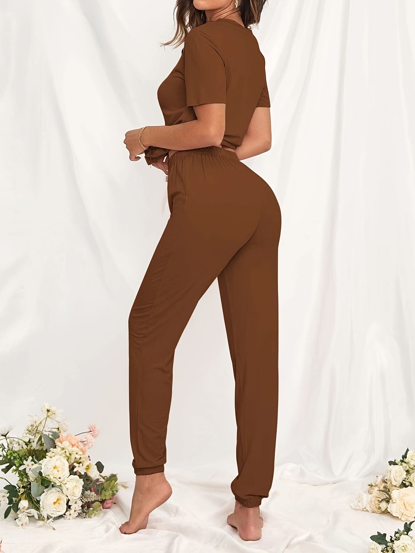 Letter Pattern Lounge Set Short Sleeve Round Neck Top & Loose Bow