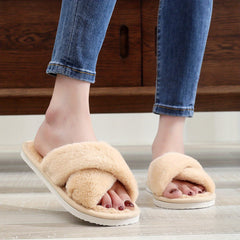 Women's Cross Strap Plush Slippers Warm Winter Slip On Casual Shoes