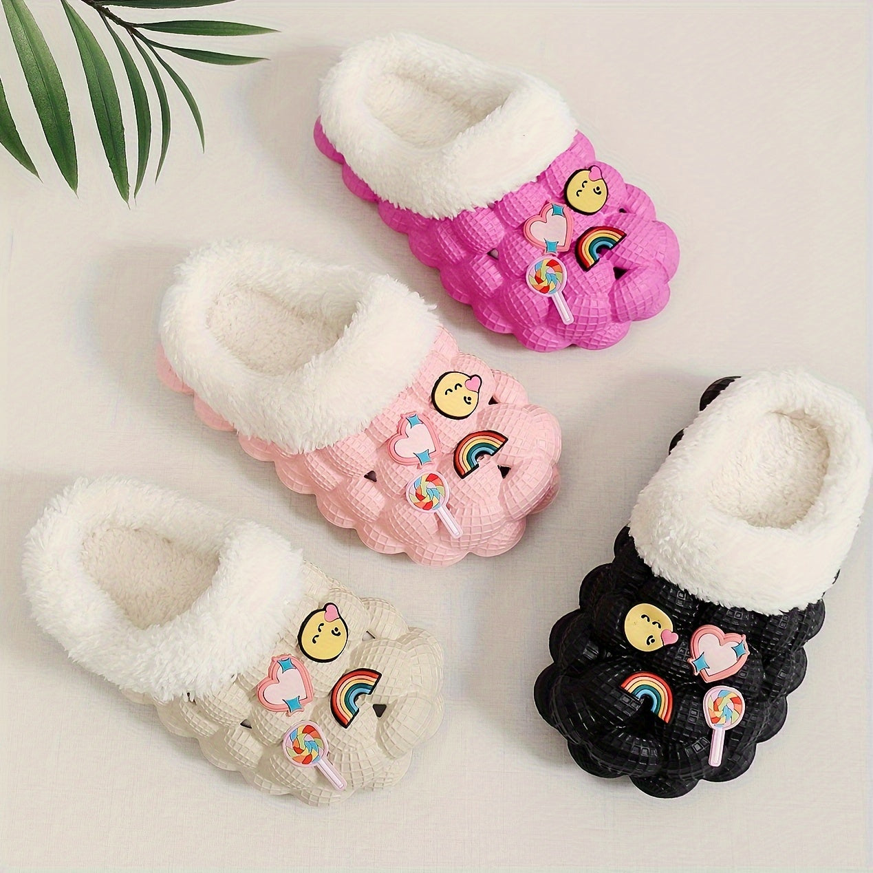 Girls' Fleece House Shoes with Cartoon Charms, Non Slip Soft Bottom