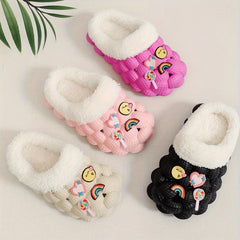 Girls' Fleece House Shoes with Cartoon Charms, Non Slip Soft Bottom