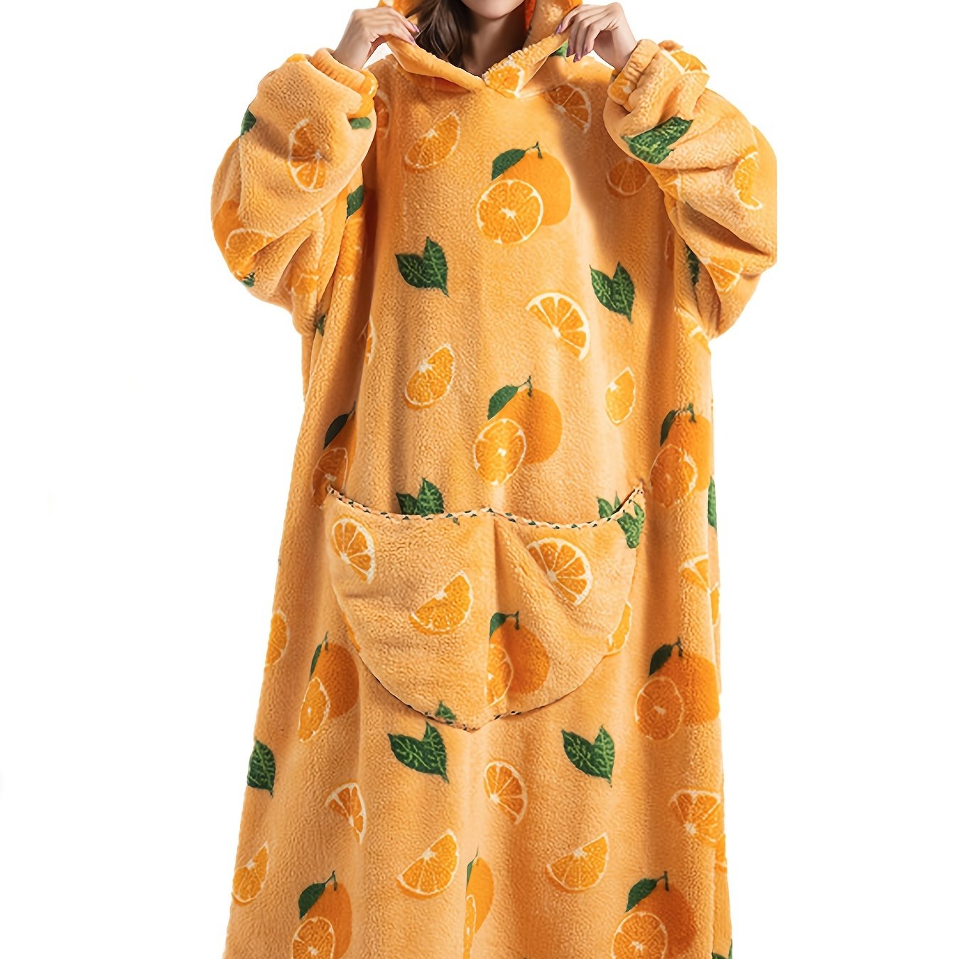 Fruit Print Fuzzy Lounge Robes Hooded Long Sleeve With Pockets