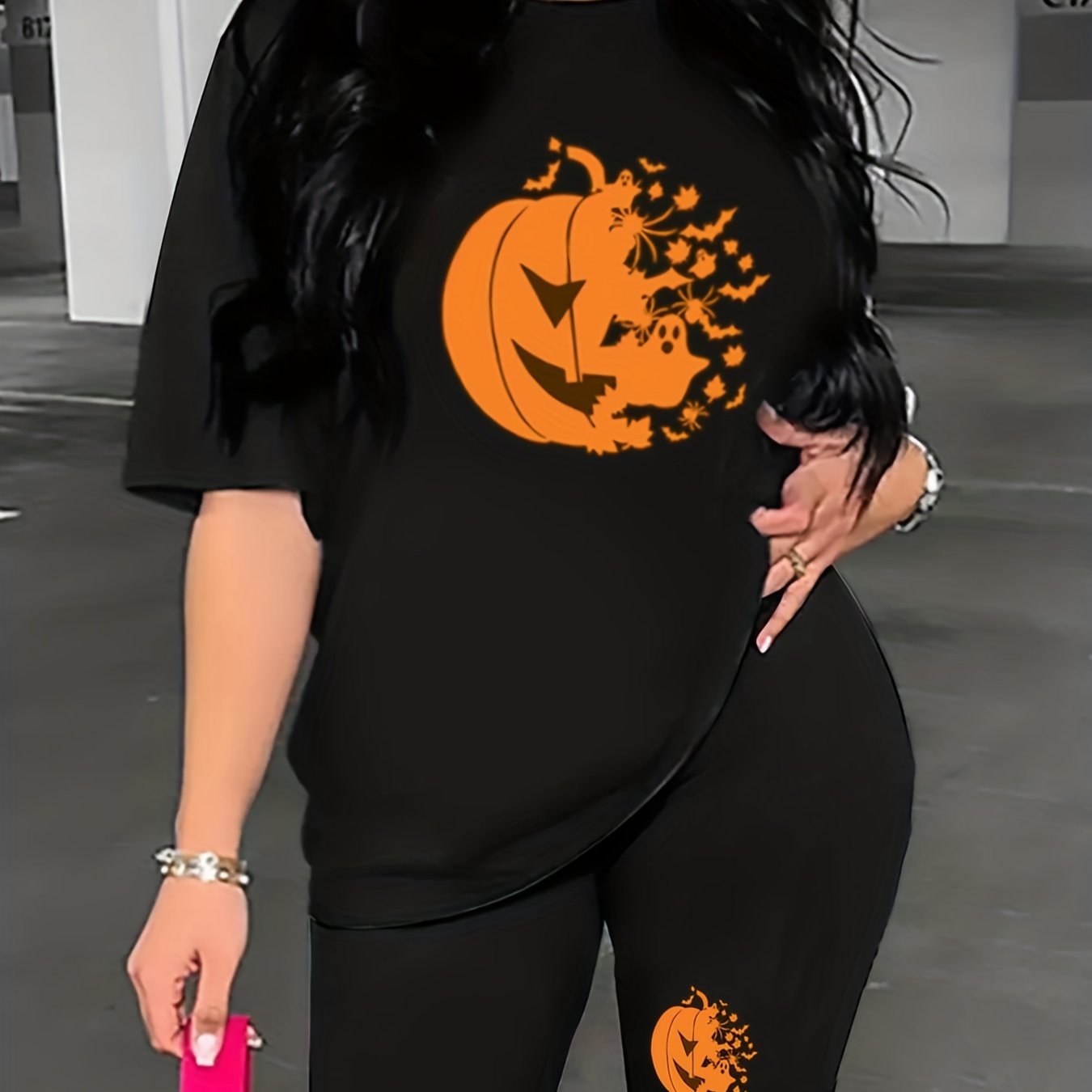 Halloween Pumpkin Print 2pc Set Tee & Biker Shorts Outfit