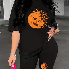 Halloween Pumpkin Print 2pc Set Tee & Biker Shorts Outfit