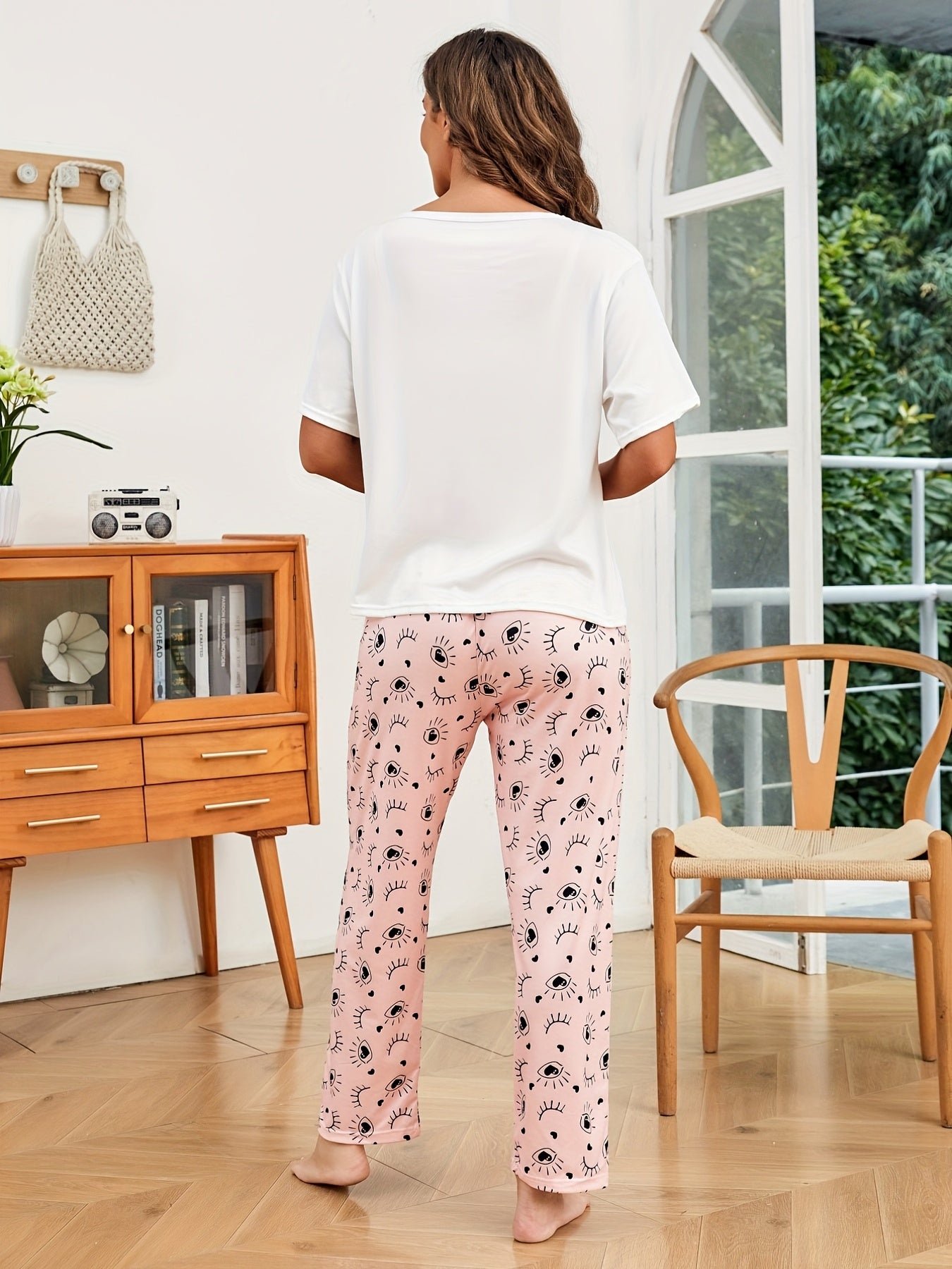 Eyelash Print Pajama Set Crew Neck Top & Plaid Pants