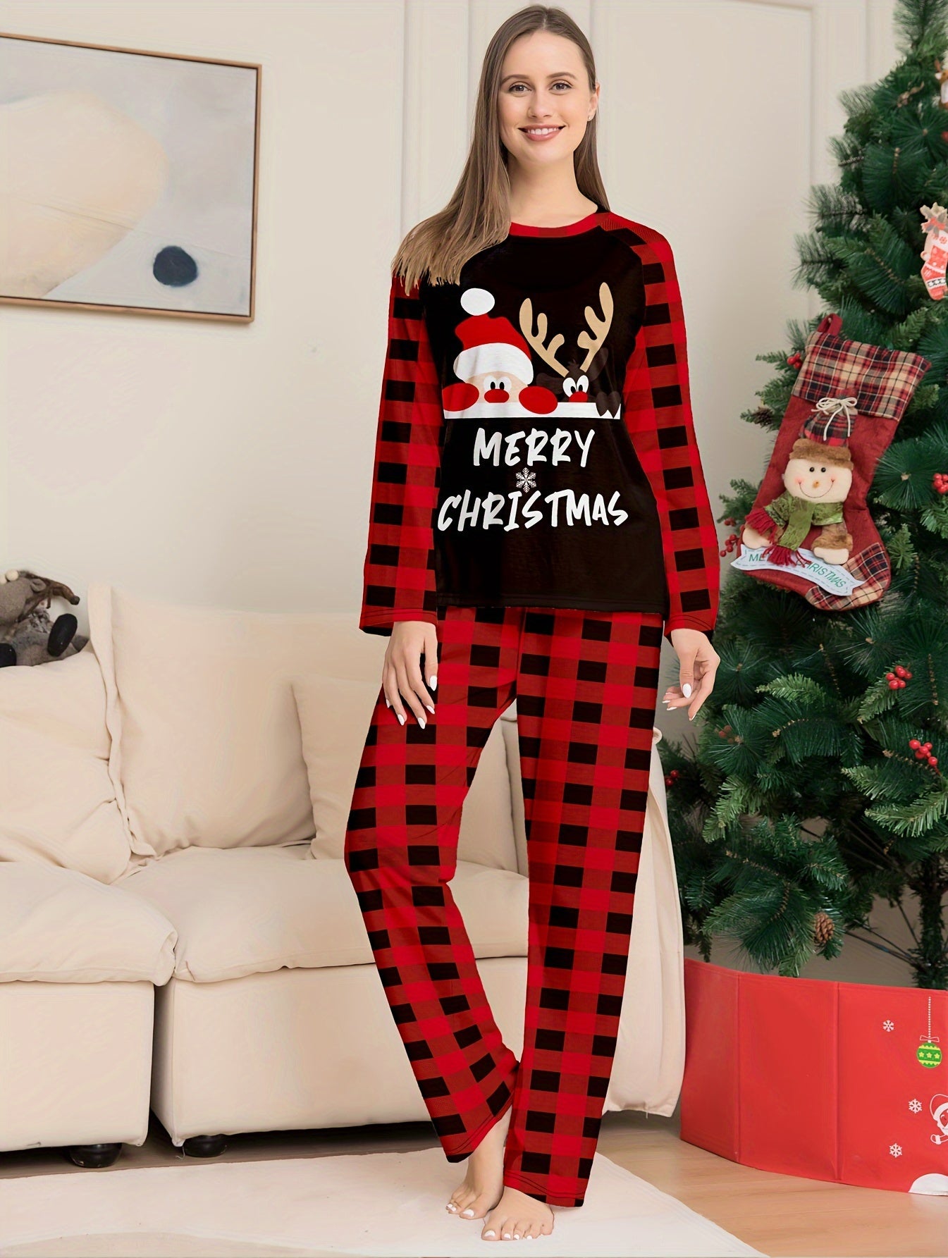 Christmas Pajama Set Long Sleeve Top & Plaid Pants Women's Sleepwear