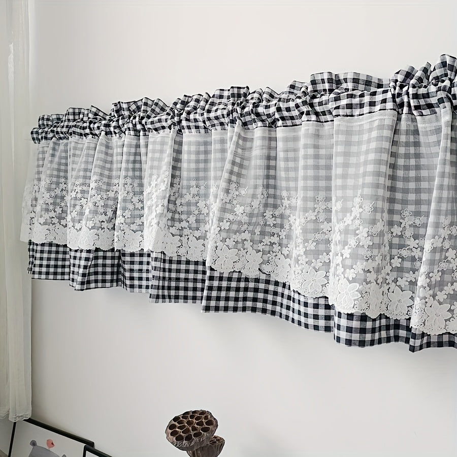 Pastoral Style Plaid Yarn Short Curtain with Pink Lace Head Rod Pocket