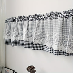 Pastoral Style Plaid Yarn Short Curtain with Pink Lace Head Rod Pocket