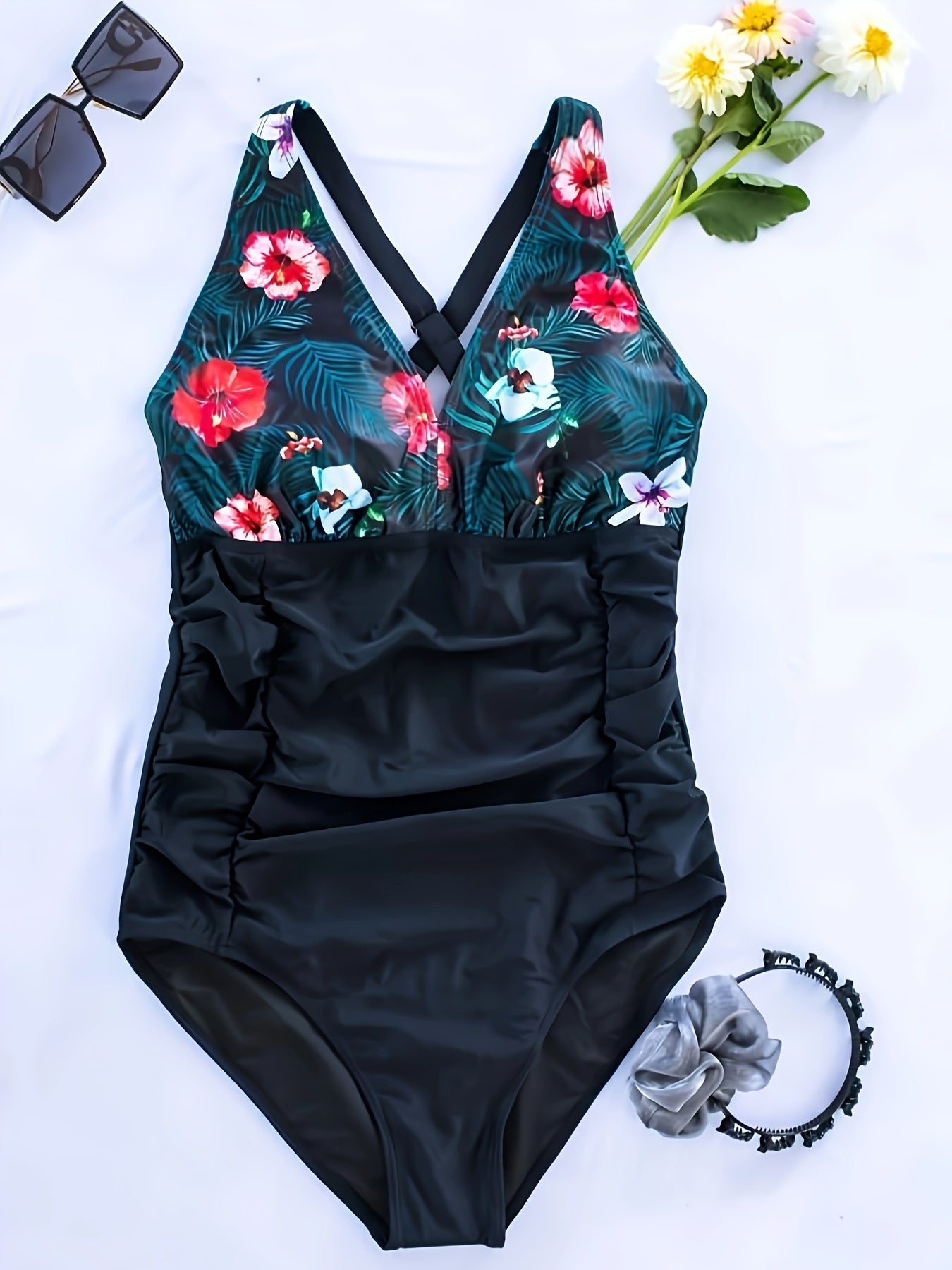 Colorblock Tropical Print V Neck One Piece Swimsuit