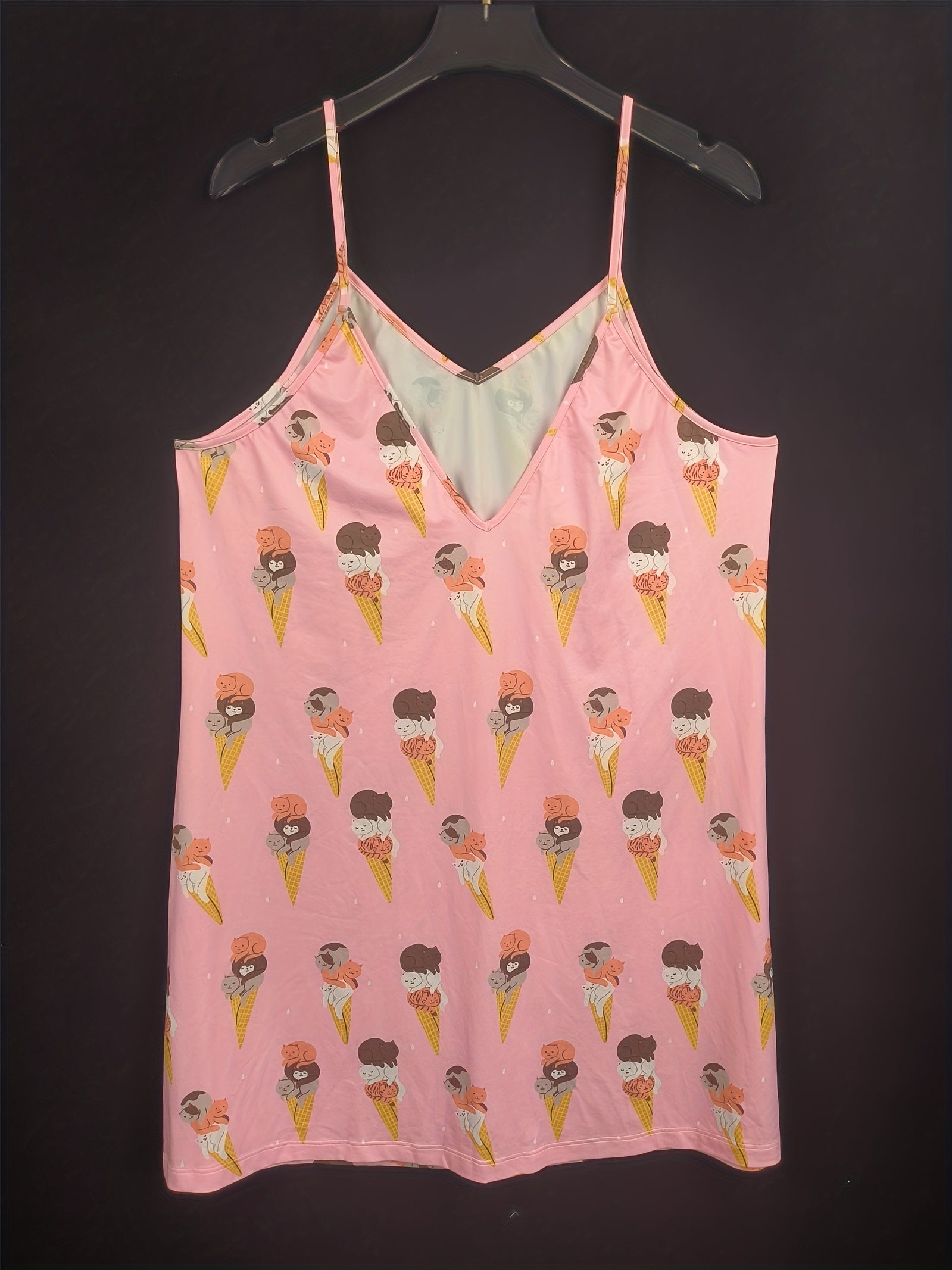Lounge Dress Women's Plus Cat Ice Cream Print V Neck Nightdress
