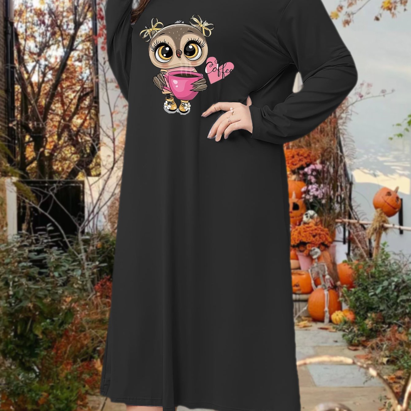 Lounge Dress Women's Plus Owl & Cup Print Long Sleeve Round Neck Tee