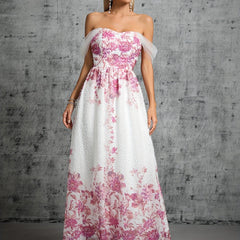 Off Shoulder Floral Print Bridesmaid Dress Wedding Party Dress