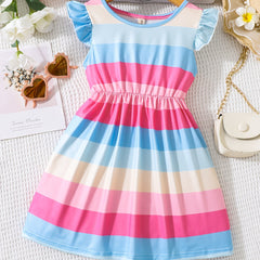 Kid Girls Rainbow Striped Princess Party Dress