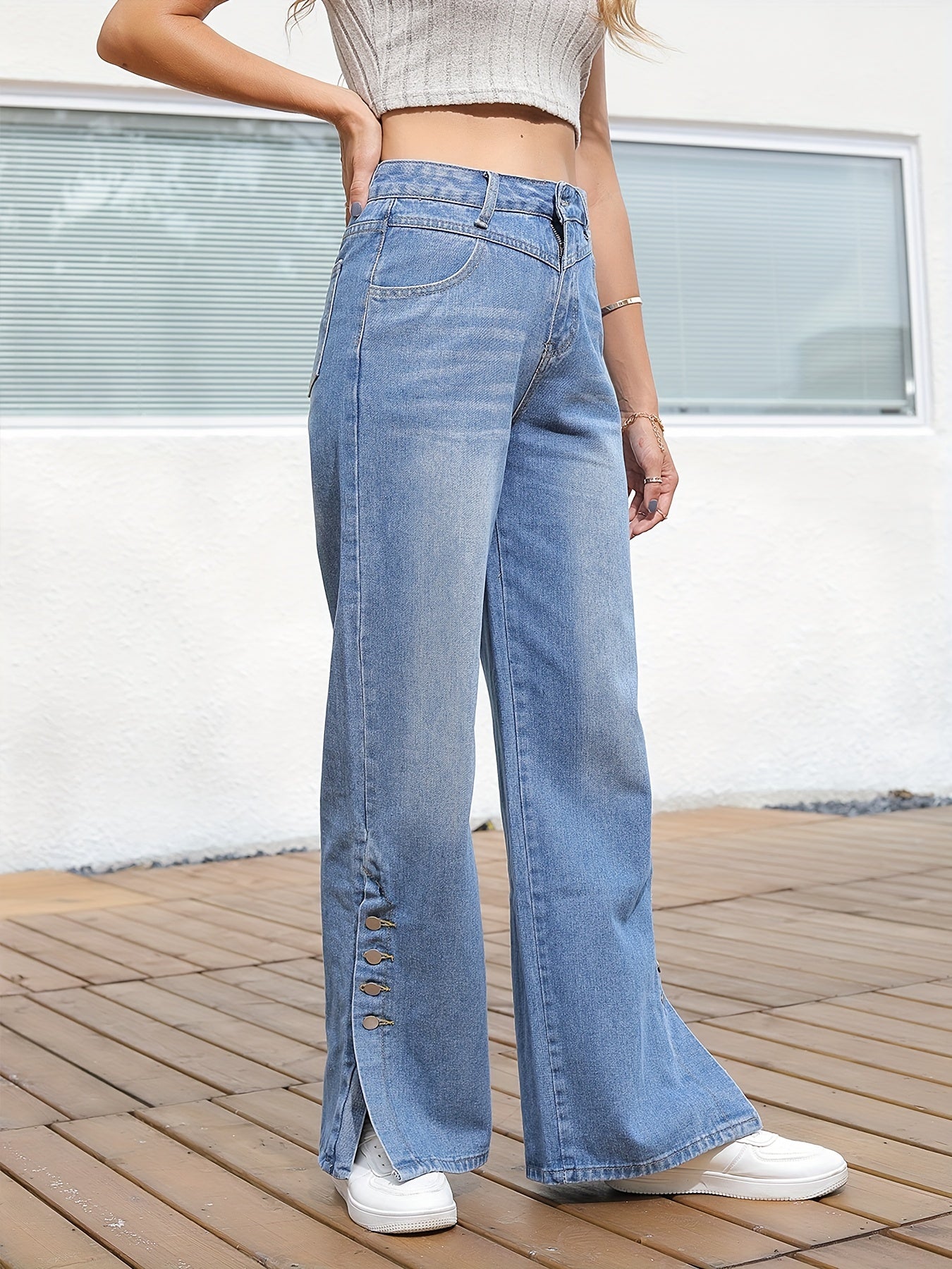 Wide Leg Straight Jeans Loose Fit Slash Pockets Button Detail Denim Pants