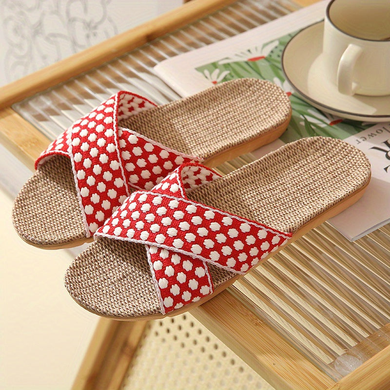 Women's Linen Flat Slides Cross Strap Floral Non Slip Shoes