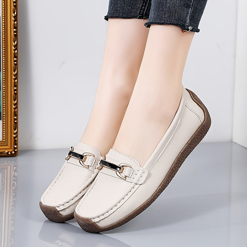 Women's Metal Buckle Slip On Loafers Comfortable Flat Moccasins